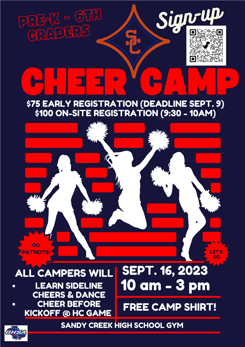 Cheer Camp for Pre-K-6th grade is 9/16/23. Scan code to register.